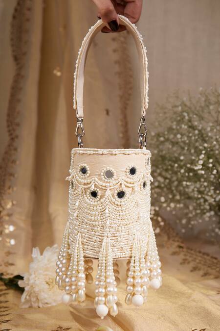 House Of Vian_White Mirrors, Pearls Velvet And Bucket Bag _Online_at_Aza_Fashions