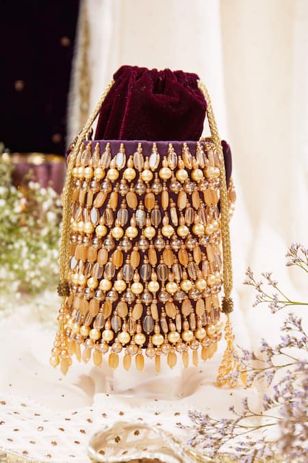 Shop House Of Vian Purple Crystals, Cut Work, Beads Velvet And Tassel Bucket Bag at Aza Fashions Shop_House Of Vian_Purple Crystals, Cut Work, Beads Velvet And Tassel Bucket Bag _at_Aza_Fashions