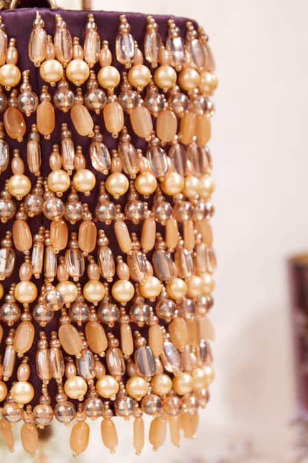 House Of Vian Purple Crystals, Cut Work, Beads Velvet And Tassel Bucket Bag Online at Aza Fashions House Of Vian_Purple Crystals, Cut Work, Beads Velvet And Tassel Bucket Bag _Online_at_Aza_Fashions