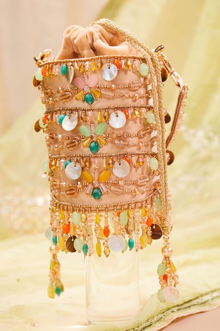 Shop House Of Vian Multi Color Cut Work, Sequins, Zari Peach Velvet And Dabka Bucket Bag at Aza Fashions Shop_House Of Vian_Multi Color Cut Work, Sequins, Zari Peach Velvet And Dabka Bucket Bag _at_Aza_Fashions