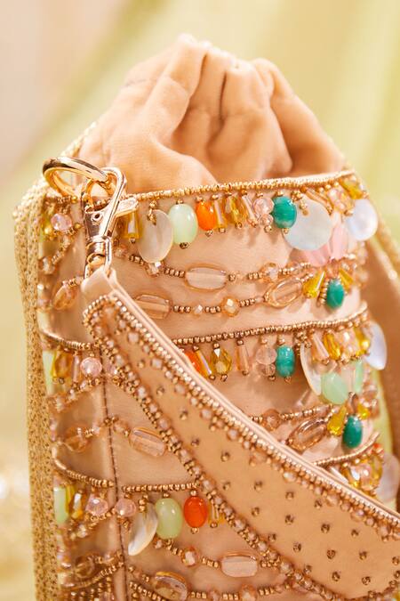 Shop House Of Vian Multi Color Cut Work, Sequins, Zari Peach Velvet And Dabka Bucket Bag Online at Aza Fashions Shop_House Of Vian_Multi Color Cut Work, Sequins, Zari Peach Velvet And Dabka Bucket Bag _Online_at_Aza_Fashions