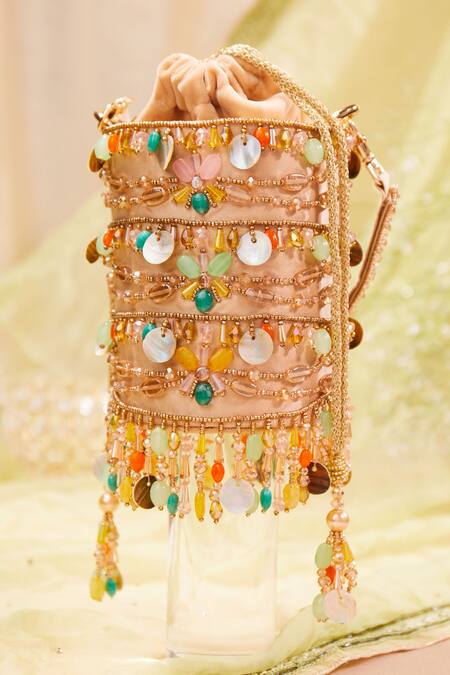 House Of Vian Multi Color Cut Work, Sequins, Zari Peach Velvet And Dabka Bucket Bag at Aza Fashions House Of Vian_Multi Color Cut Work, Sequins, Zari Peach Velvet And Dabka Bucket Bag _at_Aza_Fashions