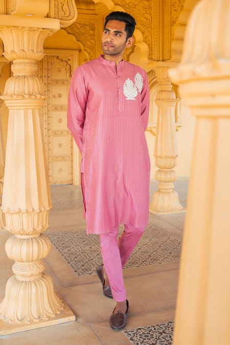 Sanvir Singh_Pink Chanderi, Cotton Zari Thread Embroidered Kurta Set _Online_at_Aza_Fashions