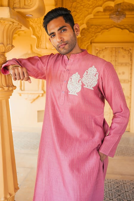 Buy_Sanvir Singh_Pink Chanderi, Cotton Zari Thread Embroidered Kurta Set _Online_at_Aza_Fashions