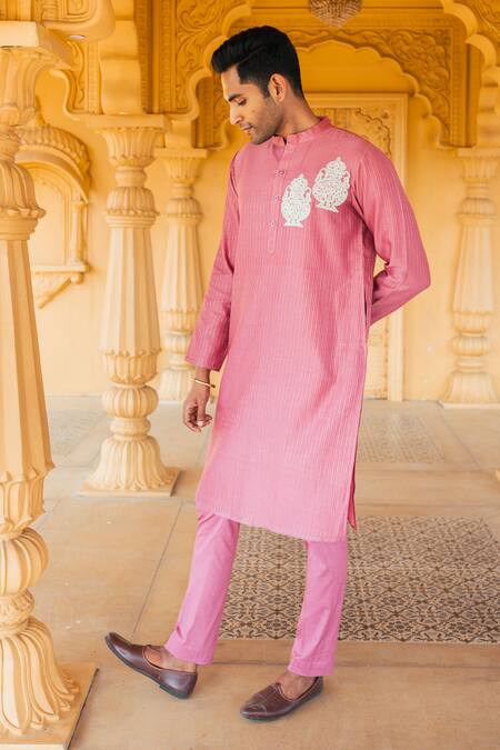 Shop_Sanvir Singh_Pink Chanderi, Cotton Zari Thread Embroidered Kurta Set _Online_at_Aza_Fashions