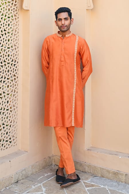 Sanvir Singh_Orange Chanderi, Cotton Zari Thread Placement Kurta Set _Online_at_Aza_Fashions