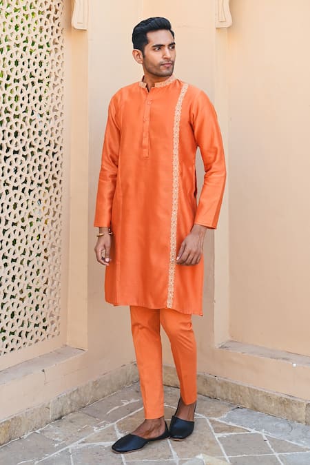 Buy_Sanvir Singh_Orange Chanderi, Cotton Zari Thread Placement Kurta Set _Online_at_Aza_Fashions