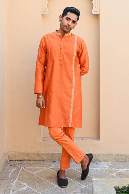 Shop_Sanvir Singh_Orange Chanderi, Cotton Zari Thread Placement Kurta Set _Online_at_Aza_Fashions