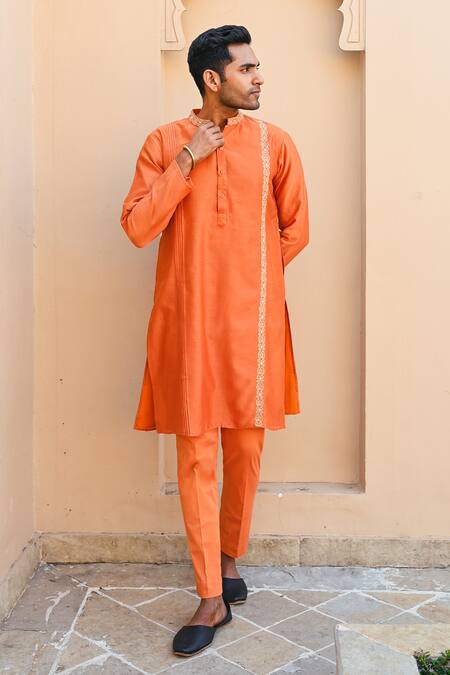 Sanvir Singh_Orange Chanderi, Cotton Zari Thread Placement Kurta Set _at_Aza_Fashions