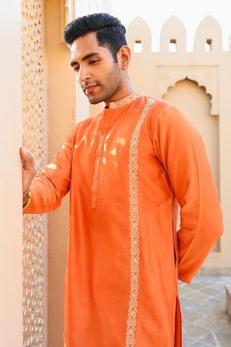 Buy_Sanvir Singh_Orange Chanderi, Cotton Zari Thread Placement Kurta Set 