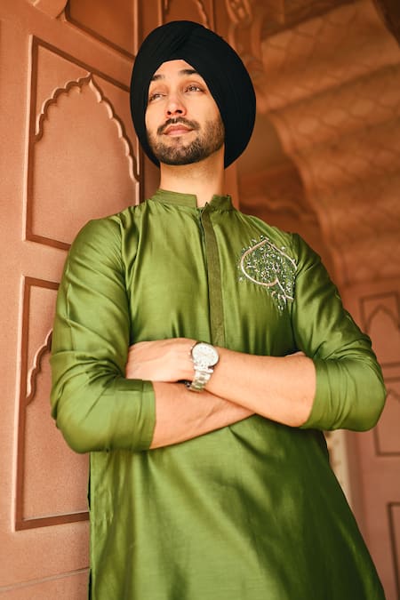 Buy_Sanvir Singh_Green Chanderi, Cotton Embroidery Spade Kurta Set _Online_at_Aza_Fashions