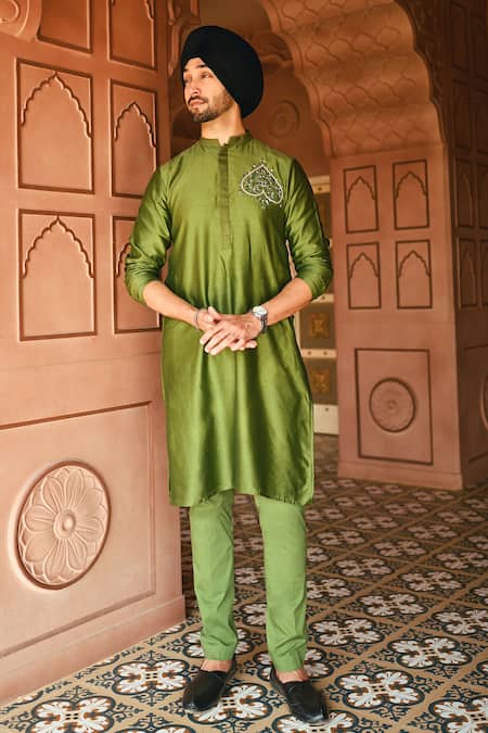 Shop_Sanvir Singh_Green Chanderi, Cotton Embroidery Spade Kurta Set _Online_at_Aza_Fashions