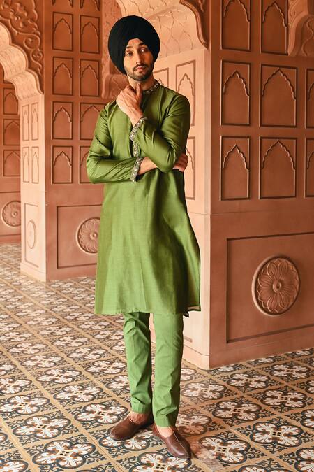 Shop_Sanvir Singh_Green Chanderi, Cotton Zari Cadmium Embroidered Kurta Set _Online_at_Aza_Fashions