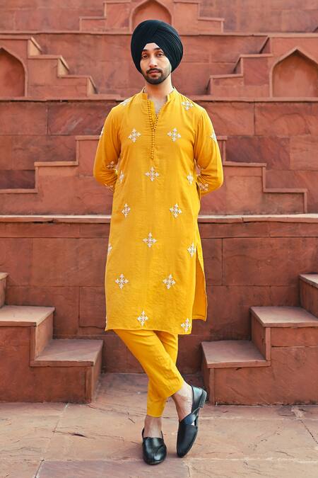 Sanvir Singh_Yellow Chanderi, Cotton Zari Amber Embroidered Kurta Set _Online_at_Aza_Fashions