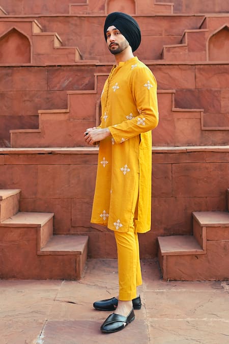 Buy_Sanvir Singh_Yellow Chanderi, Cotton Zari Amber Embroidered Kurta Set _Online_at_Aza_Fashions