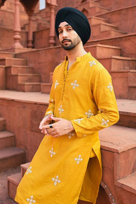 Shop_Sanvir Singh_Yellow Chanderi, Cotton Zari Amber Embroidered Kurta Set _Online_at_Aza_Fashions