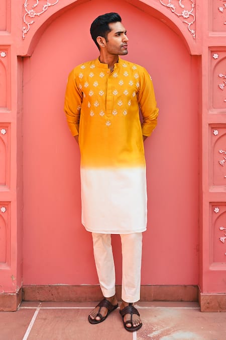 Sanvir Singh_Yellow Chanderi, Cotton Zari Ombre Embroidered Kurta Set _Online_at_Aza_Fashions