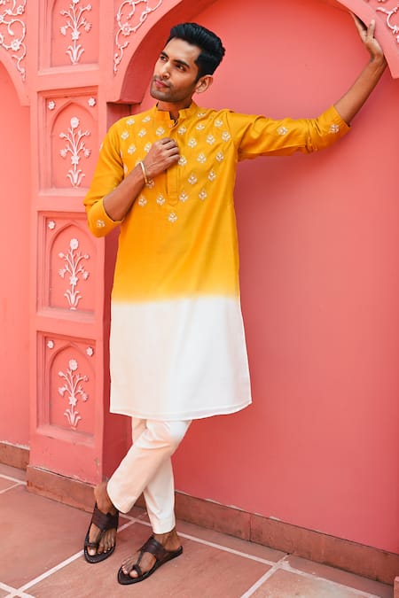 Buy_Sanvir Singh_Yellow Chanderi, Cotton Zari Ombre Embroidered Kurta Set _Online_at_Aza_Fashions
