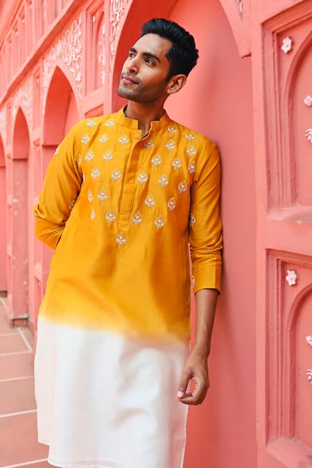 Shop_Sanvir Singh_Yellow Chanderi, Cotton Zari Ombre Embroidered Kurta Set _Online_at_Aza_Fashions