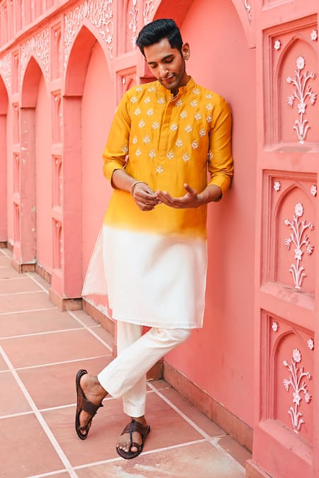 Sanvir Singh_Yellow Chanderi, Cotton Zari Ombre Embroidered Kurta Set _at_Aza_Fashions