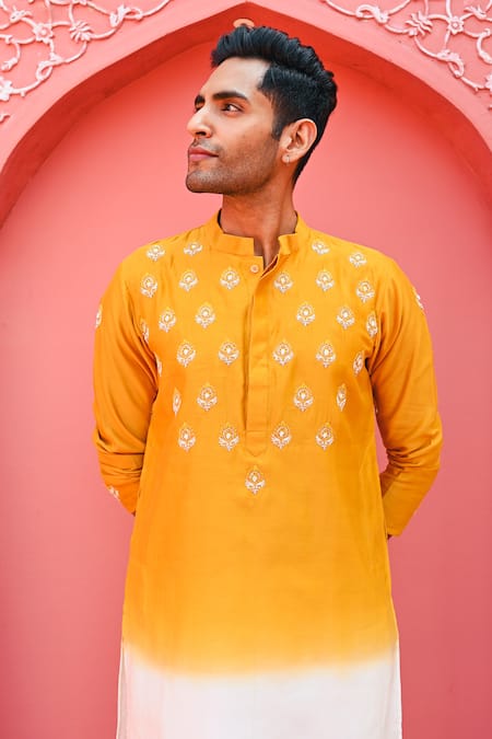 Buy_Sanvir Singh_Yellow Chanderi, Cotton Zari Ombre Embroidered Kurta Set 