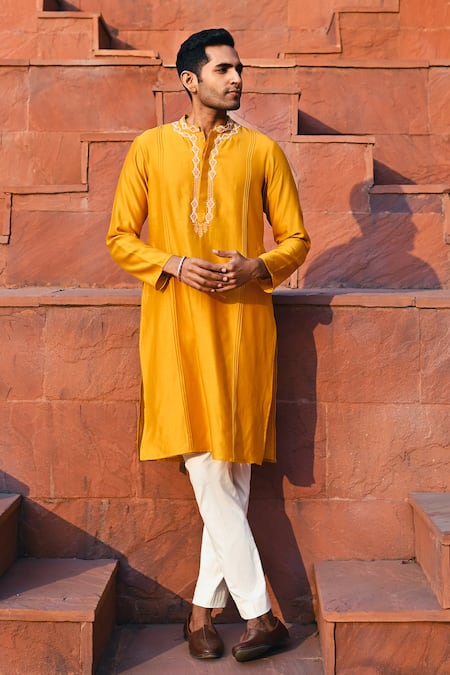 Sanvir Singh_Yellow Chanderi, Cotton Zari Embroidered Amber Kurta Set _Online_at_Aza_Fashions
