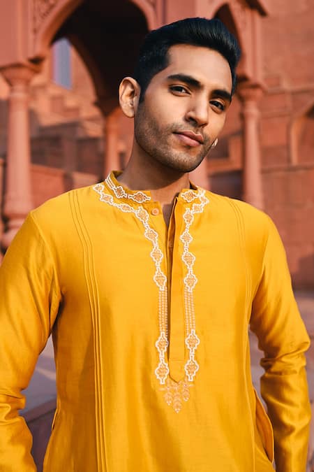 Buy_Sanvir Singh_Yellow Chanderi, Cotton Zari Embroidered Amber Kurta Set _Online_at_Aza_Fashions