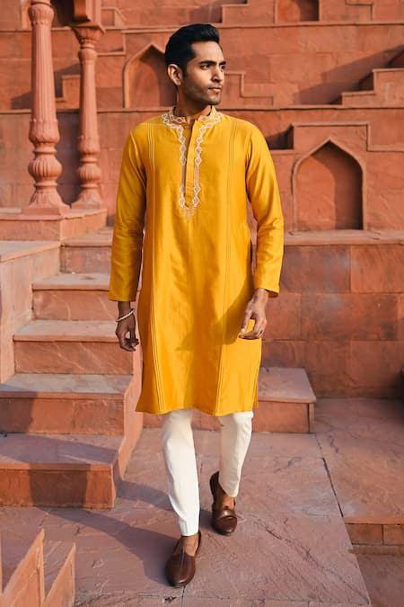 Shop_Sanvir Singh_Yellow Chanderi, Cotton Zari Embroidered Amber Kurta Set _Online_at_Aza_Fashions