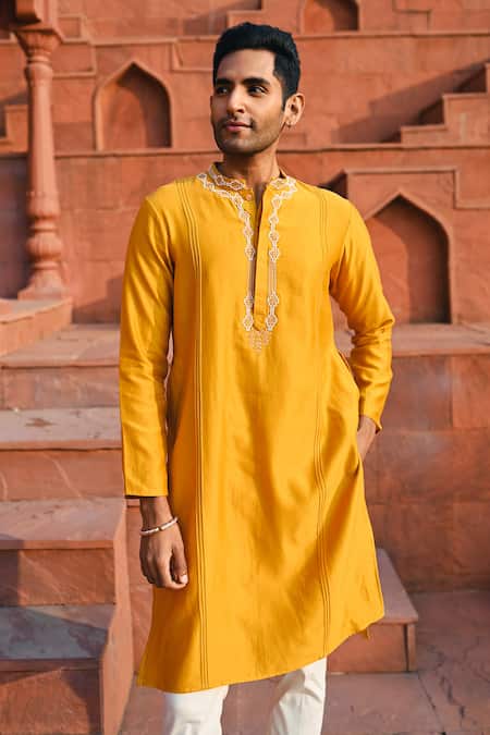 Buy_Sanvir Singh_Yellow Chanderi, Cotton Zari Embroidered Amber Kurta Set 