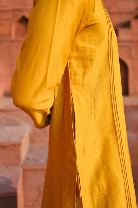 Shop_Sanvir Singh_Yellow Chanderi, Cotton Zari Embroidered Amber Kurta Set 