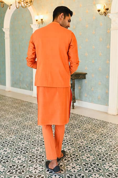 Sanvir Singh Zari Embroidered Orange Bundi & Kurta Set 