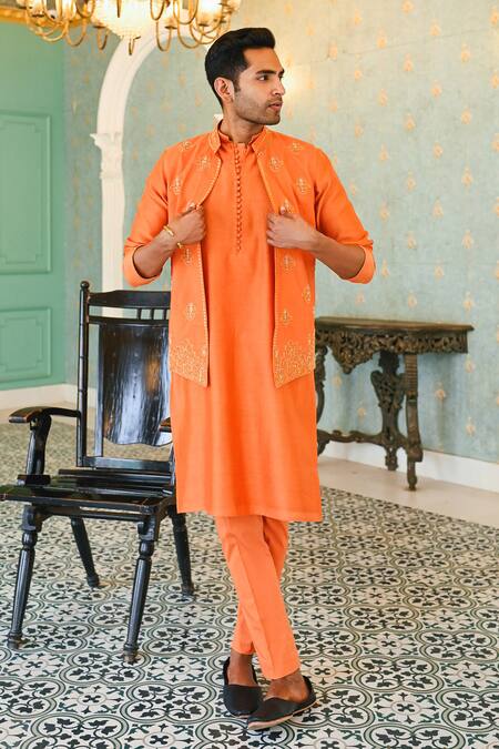 Sanvir Singh Orange Silk, Chanderi, Cotton Zari Embroidered Bundi And Kurta Set Online at Aza Fashions Sanvir Singh_Orange Silk, Chanderi, Cotton Zari Embroidered Bundi And Kurta Set _Online_at_Aza_Fashions