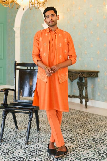 Buy Sanvir Singh Orange Silk, Chanderi, Cotton Zari Embroidered Bundi And Kurta Set Online at Aza Fashions Buy_Sanvir Singh_Orange Silk, Chanderi, Cotton Zari Embroidered Bundi And Kurta Set _Online_at_Aza_Fashions