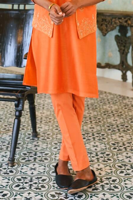 Shop Sanvir Singh Orange Silk, Chanderi, Cotton Zari Embroidered Bundi And Kurta Set Online at Aza Fashions Shop_Sanvir Singh_Orange Silk, Chanderi, Cotton Zari Embroidered Bundi And Kurta Set _Online_at_Aza_Fashions