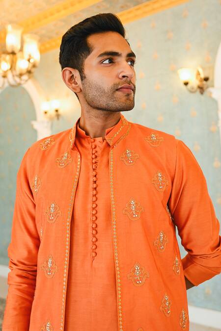 Sanvir Singh Orange Silk, Chanderi, Cotton Zari Embroidered Bundi And Kurta Set at Aza Fashions Sanvir Singh_Orange Silk, Chanderi, Cotton Zari Embroidered Bundi And Kurta Set _at_Aza_Fashions