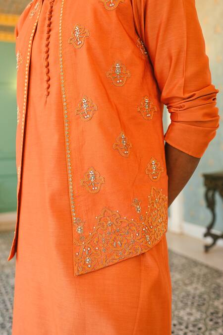 Buy Sanvir Singh Orange Silk, Chanderi, Cotton Zari Embroidered Bundi And Kurta Set Buy_Sanvir Singh_Orange Silk, Chanderi, Cotton Zari Embroidered Bundi And Kurta Set