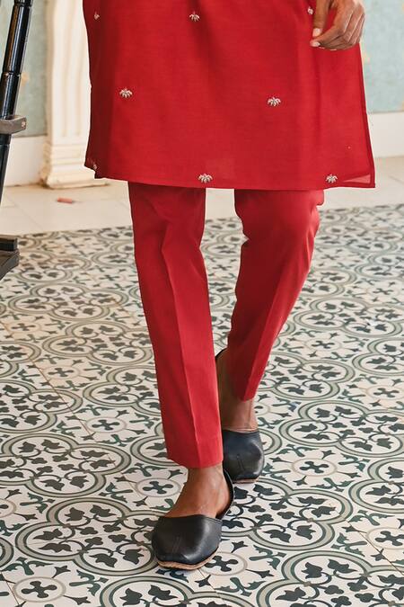 Buy_Sanvir Singh_Maroon Chanderi, Cotton Embroidery Resham Kurta Set _Online_at_Aza_Fashions