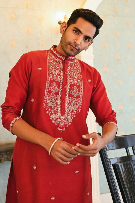 Shop_Sanvir Singh_Maroon Chanderi, Cotton Embroidery Resham Kurta Set _Online_at_Aza_Fashions
