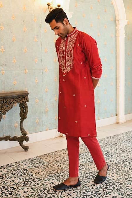 Buy_Sanvir Singh_Maroon Chanderi, Cotton Embroidery Resham Kurta Set 