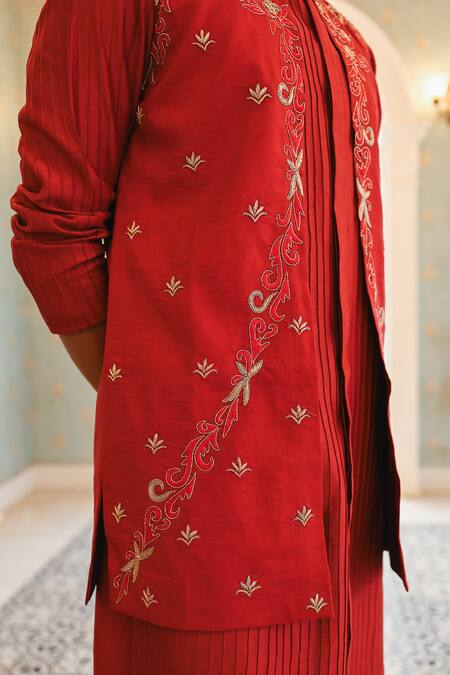 Sanvir Singh_Red Silk, Chanderi, Cotton Embroidery Thread Bundi Set _Online_at_Aza_Fashions