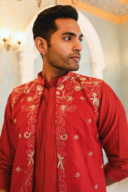 Shop_Sanvir Singh_Red Silk, Chanderi, Cotton Embroidery Thread Bundi Set _Online_at_Aza_Fashions