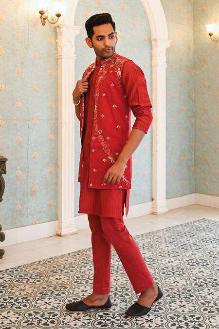 Sanvir Singh_Red Silk, Chanderi, Cotton Embroidery Thread Bundi Set _at_Aza_Fashions