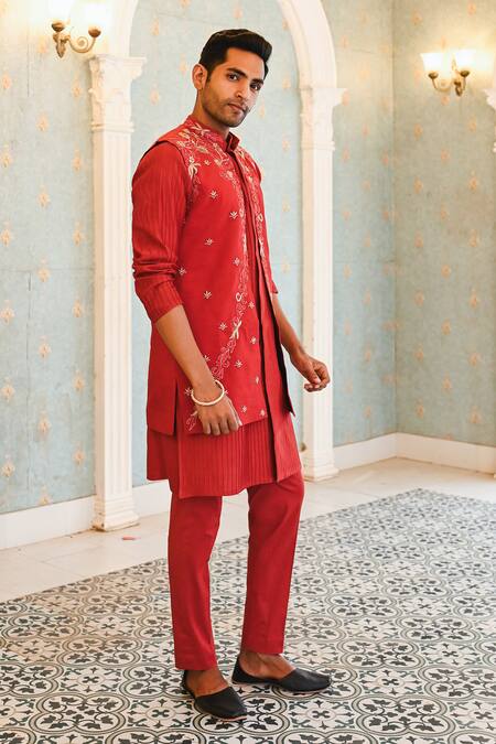 Buy_Sanvir Singh_Red Silk, Chanderi, Cotton Embroidery Thread Bundi Set 