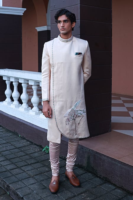 Sanvir Singh Peach Satin, Lycra, Silk Zari Thread Embroidered Sherwani Set Online at Aza Fashions Sanvir Singh_Peach Satin, Lycra, Silk Zari Thread Embroidered Sherwani Set _Online_at_Aza_Fashions