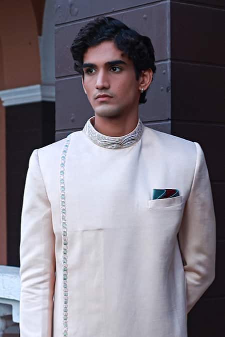 Buy Sanvir Singh Peach Satin, Lycra, Silk Zari Thread Embroidered Sherwani Set Online at Aza Fashions Buy_Sanvir Singh_Peach Satin, Lycra, Silk Zari Thread Embroidered Sherwani Set _Online_at_Aza_Fashions