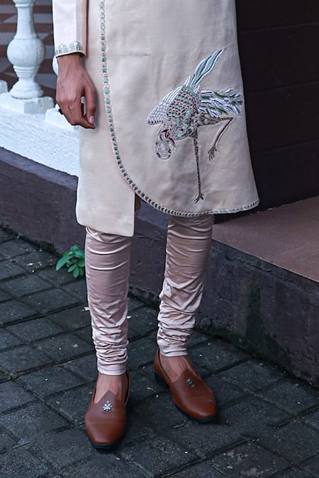 Shop Sanvir Singh Peach Satin, Lycra, Silk Zari Thread Embroidered Sherwani Set Online at Aza Fashions Shop_Sanvir Singh_Peach Satin, Lycra, Silk Zari Thread Embroidered Sherwani Set _Online_at_Aza_Fashions