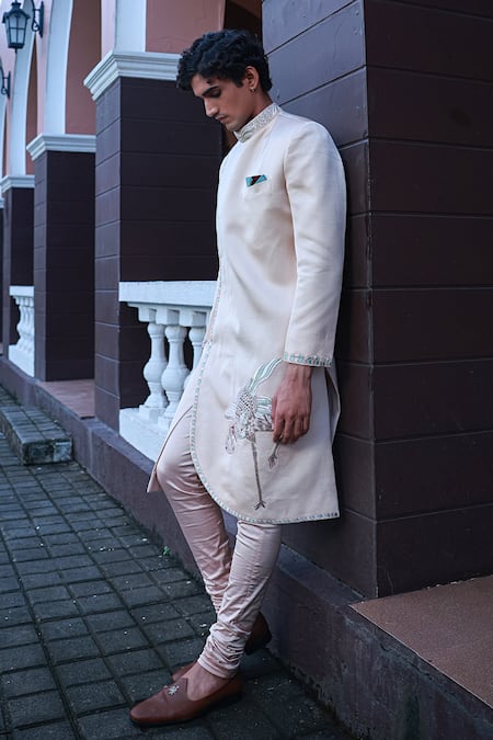 Sanvir Singh Peach Satin, Lycra, Silk Zari Thread Embroidered Sherwani Set at Aza Fashions Sanvir Singh_Peach Satin, Lycra, Silk Zari Thread Embroidered Sherwani Set _at_Aza_Fashions