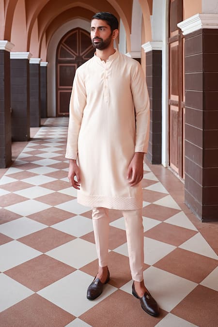 Buy_Sanvir Singh_Peach Satin, Chanderi, Cotton Embroidery Floral Jacket And Kurta Set _Online_at_Aza_Fashions