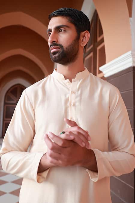 Shop_Sanvir Singh_Peach Satin, Chanderi, Cotton Embroidery Floral Jacket And Kurta Set _Online_at_Aza_Fashions