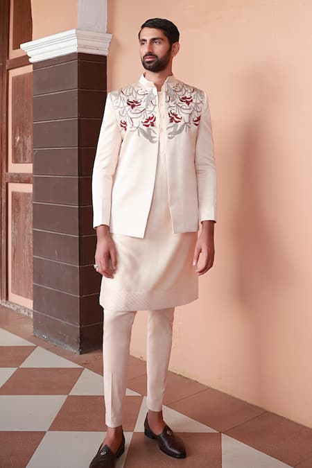 Sanvir Singh_Peach Satin, Chanderi, Cotton Embroidery Floral Jacket And Kurta Set _at_Aza_Fashions
